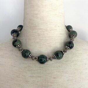 Sterling Silver 925 Chunky Kambaba Jasper Beaded Necklace Snake Clasp 17"
